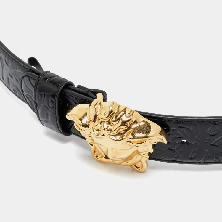 Pre Owned Versace Black Barocco Embossed Leather Medusa Buckle Belt 90CM