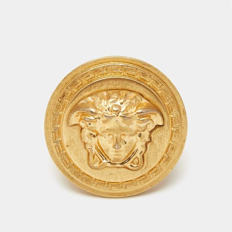 Pre Owned Versace Icon Medusa Gold Tone Large Ring Size 57