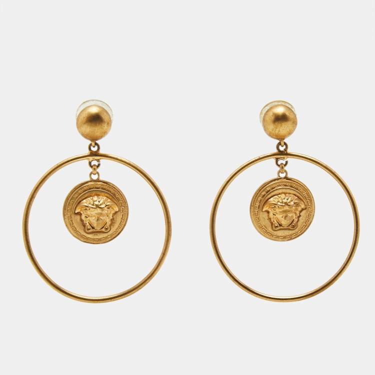 Pre Owned Versace Medusa Head Gold Tone Large Hoop Earrings