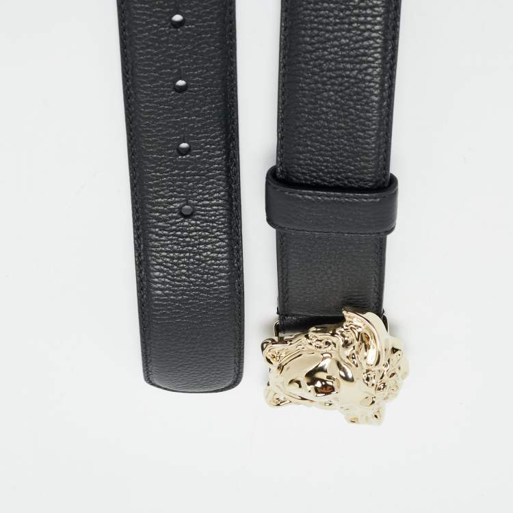 Pre Owned Versace Black Leather La Medusa Buckle Belt 90 CM