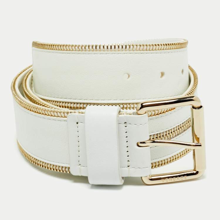 Pre Owned Versace White Leather Zip Detail Buckle Belt 70 CM