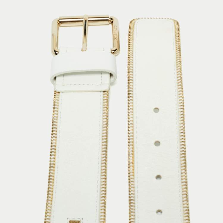 Pre Owned Versace White Leather Zip Detail Buckle Belt 70 CM
