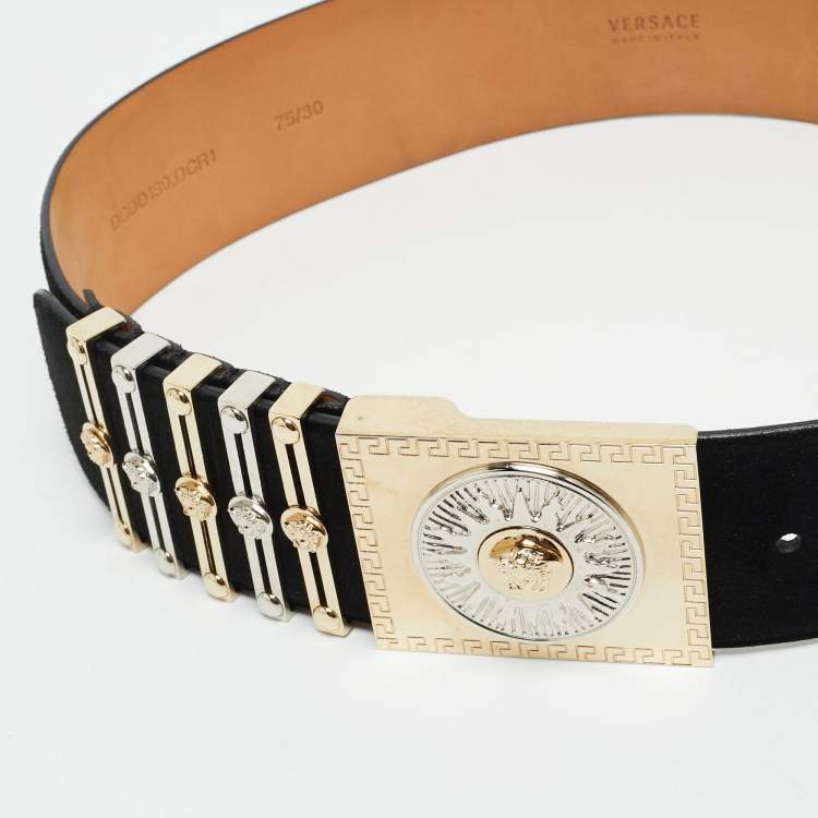 Pre Owned Versace Black Suede Medusa Square Buckle Belt 75 CM