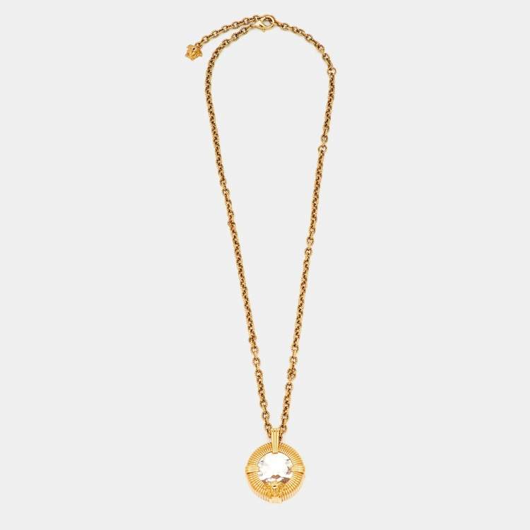 Pre Owned Versace Medusa Crystal Gold Tone Long Pendant Necklace