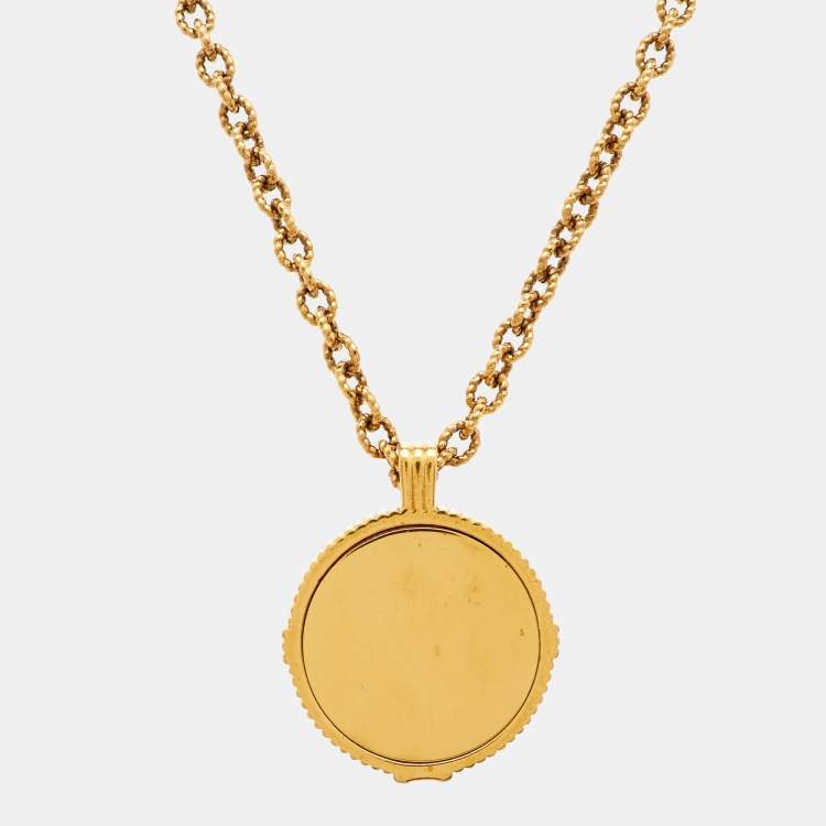 Pre Owned Versace Medusa Crystal Gold Tone Long Pendant Necklace