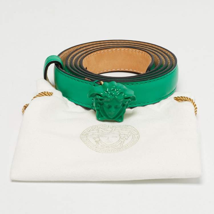 Pre Owned Versace Green Leather Medusa Buckle Slim Belt 95 CM