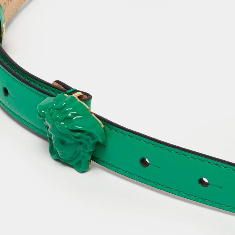 Pre Owned Versace Green Leather Medusa Buckle Slim Belt 95 CM