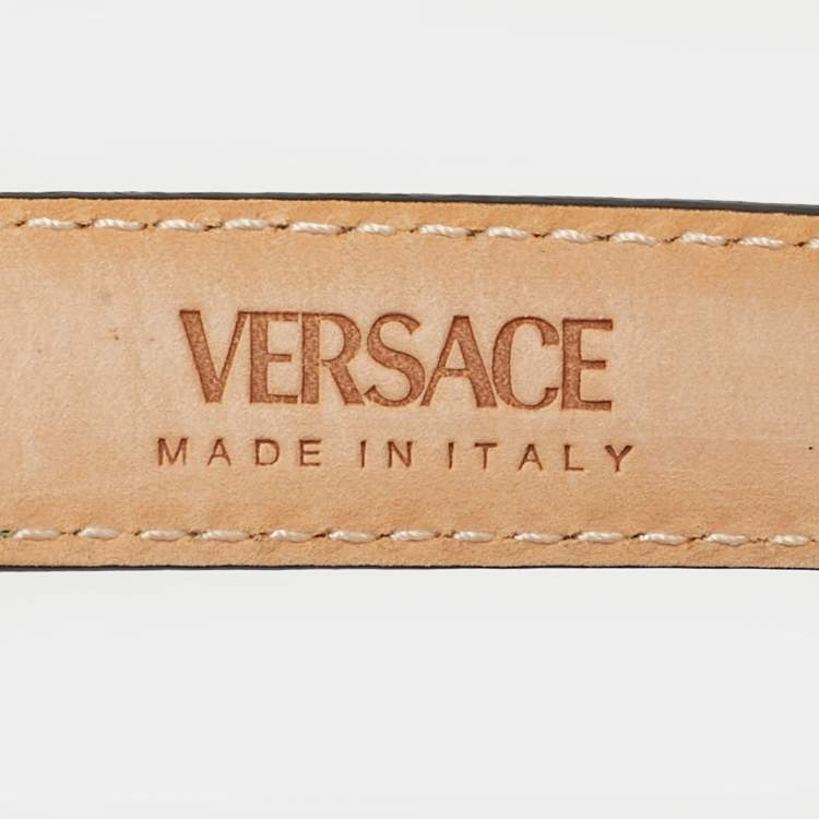 Pre Owned Versace Green Leather Medusa Buckle Slim Belt 95 CM