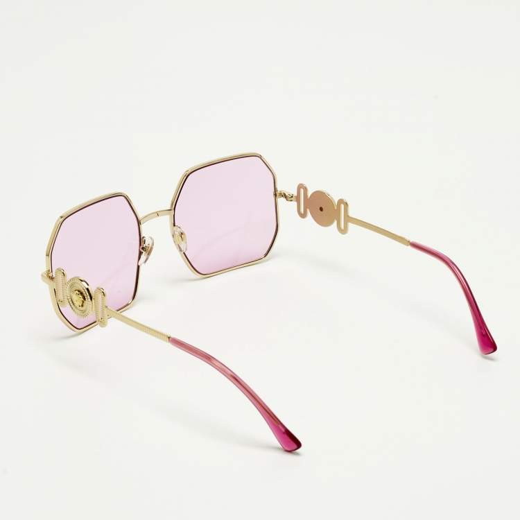 Pre Owned Versace Pink/Gold Tone Medusa Square Sunglasses