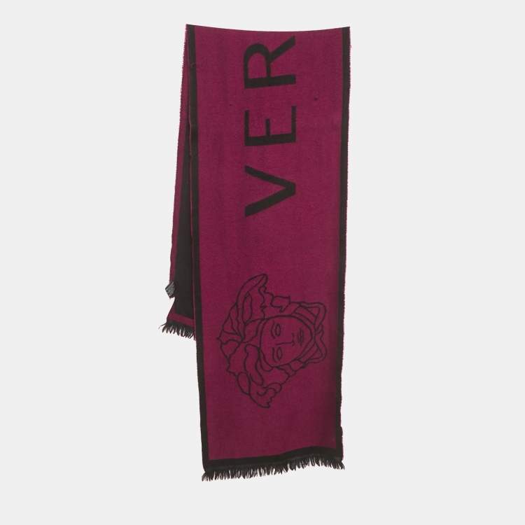 Pre Owned Versace Purple Logo Intarsia Wool Shawl