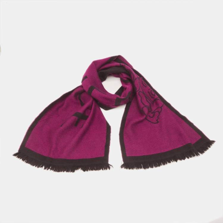 Pre Owned Versace Purple Logo Intarsia Wool Shawl