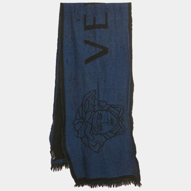 Pre Owned Versace Blue/Black Logo Jacquard Wool Stole 