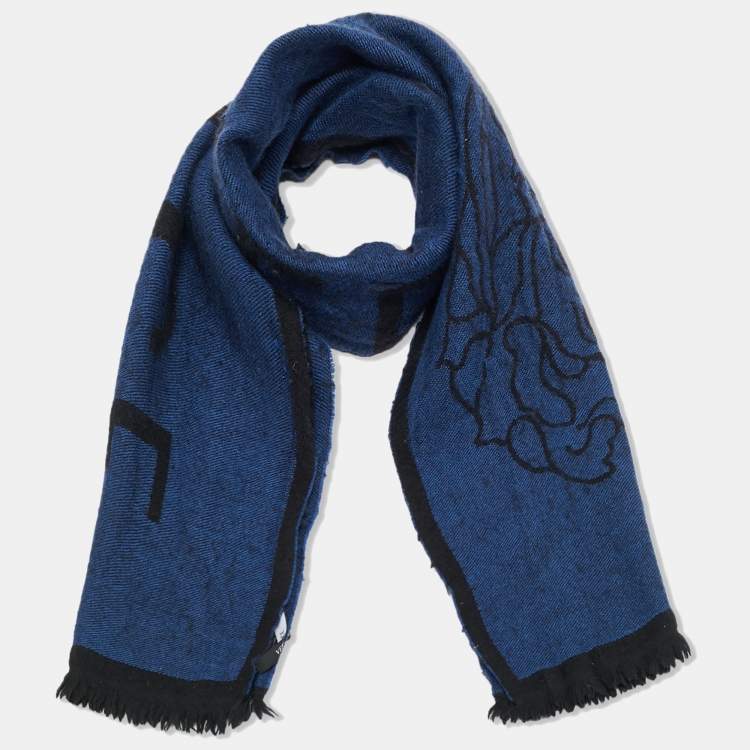 Pre Owned Versace Blue/Black Logo Jacquard Wool Stole 
