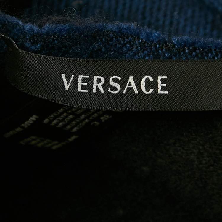 Pre Owned Versace Blue/Black Logo Jacquard Wool Stole 