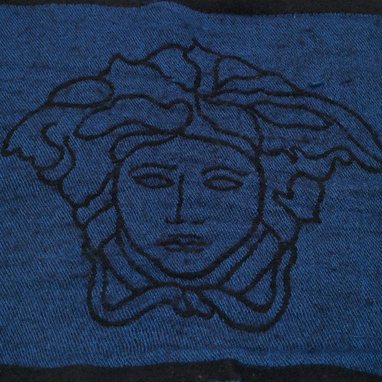 Pre Owned Versace Blue/Black Logo Jacquard Wool Stole 