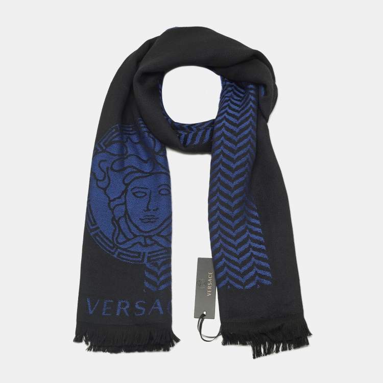 Pre Owned Versace Blue/Black Jacquard Wool Stole 