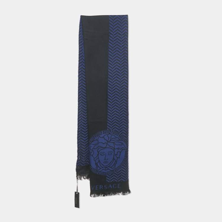 Pre Owned Versace Blue/Black Jacquard Wool Stole 