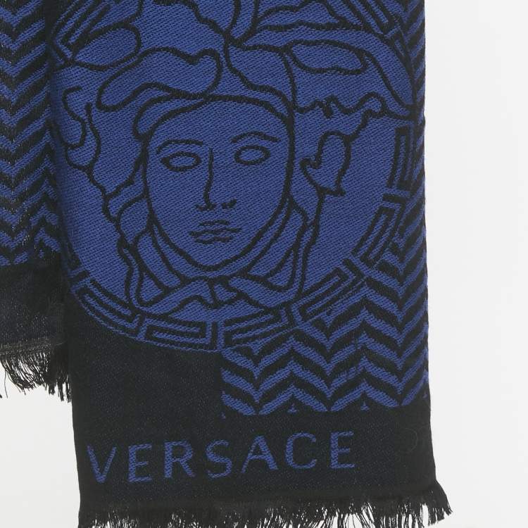 Pre Owned Versace Blue/Black Jacquard Wool Stole 