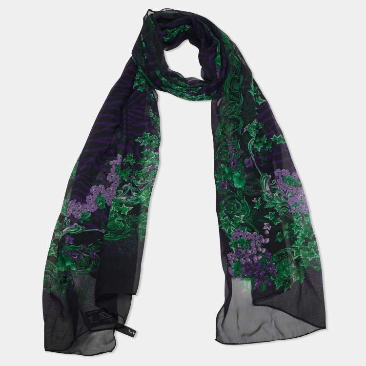 Pre Owned Versace Purple/Green Floral Print Silk Scarf 