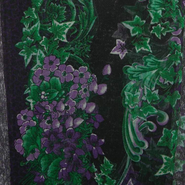 Pre Owned Versace Purple/Green Floral Print Silk Scarf 