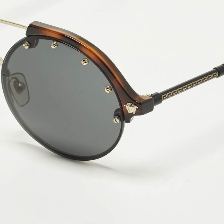 Pre Owned Versace Tortoise Brown/Black MOD 4337 Medusa Round Sunglasses