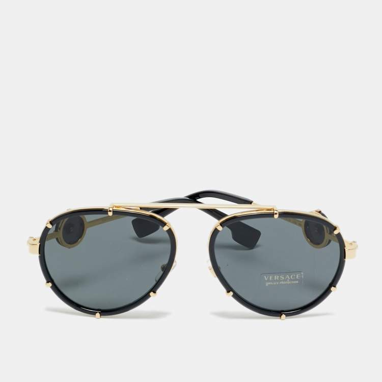 Pre Owned Versace Black/Gold MOD 2232 Medusa Strap Aviator Sunglasses