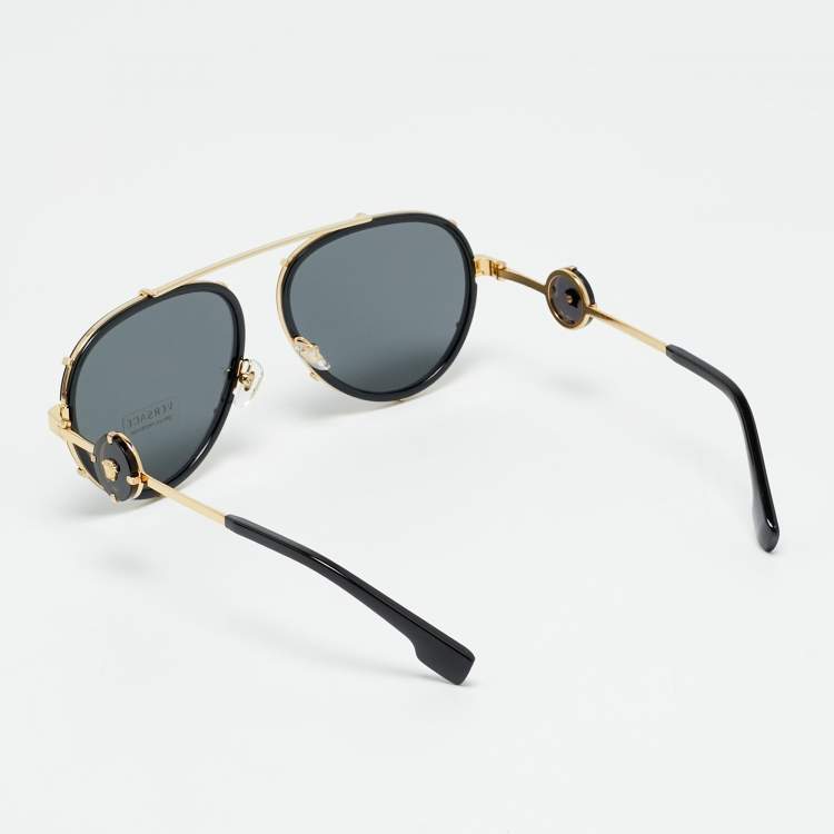 Pre Owned Versace Black/Gold MOD 2232 Medusa Strap Aviator Sunglasses