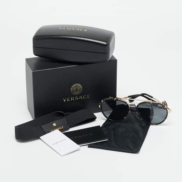 Pre Owned Versace Black/Gold MOD 2232 Medusa Strap Aviator Sunglasses