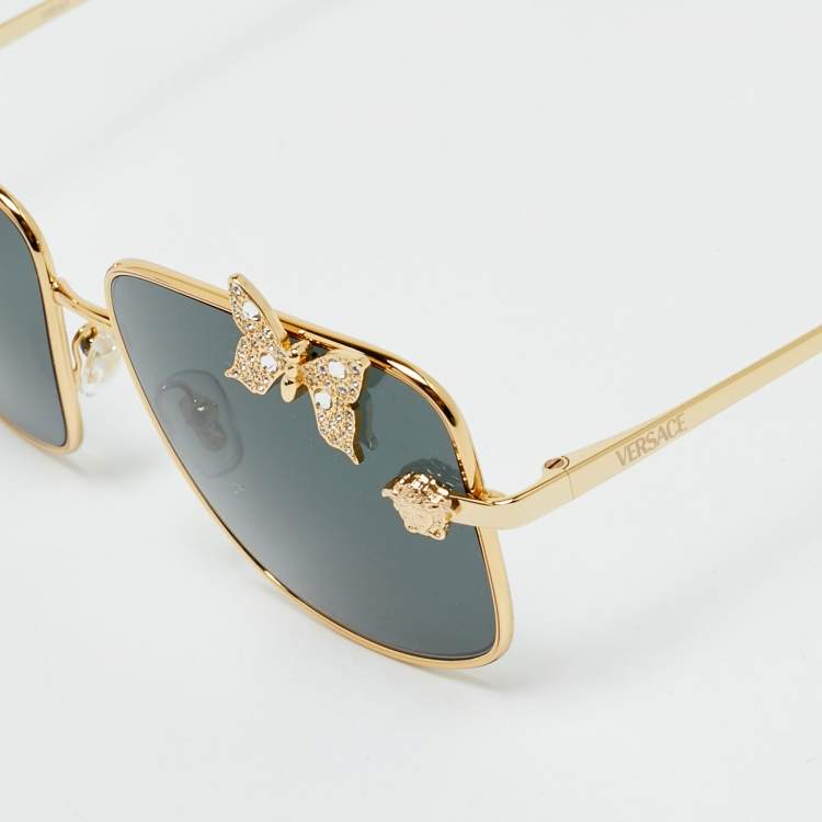 Pre Owned Versace Black/Gold Tone MOD 2282 Medusa Butterfly Crystal Square Sunglasses