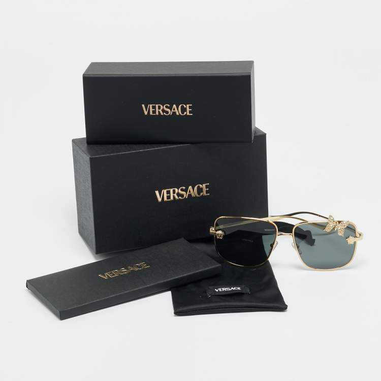 Pre Owned Versace Black/Gold Tone MOD 2282 Medusa Butterfly Crystal Square Sunglasses
