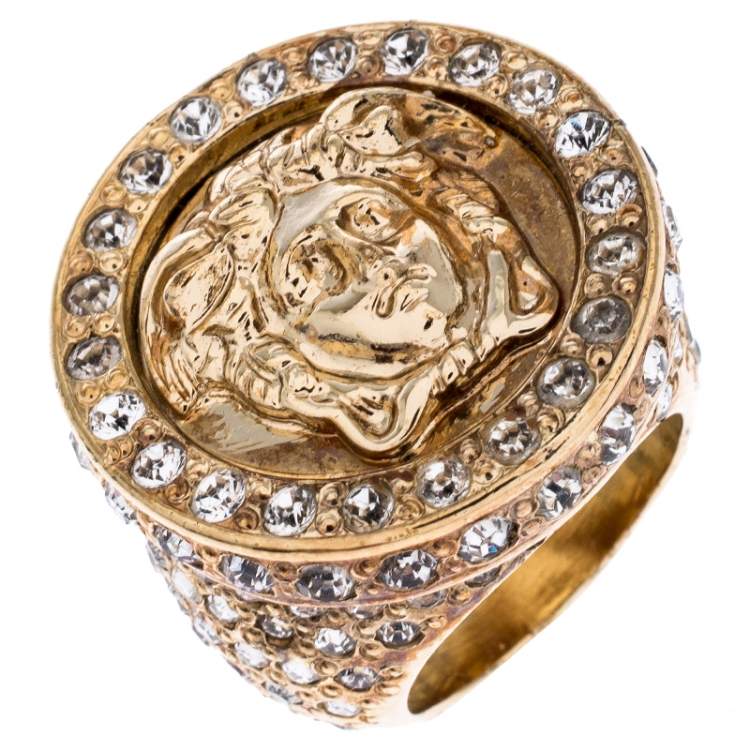 Pre Owned Versace Gold Tone and Crystal Studded Medusa Ring Size 54