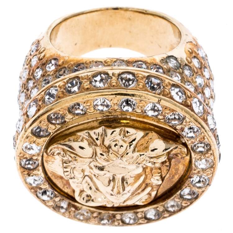 Pre Owned Versace Gold Tone and Crystal Studded Medusa Ring Size 54