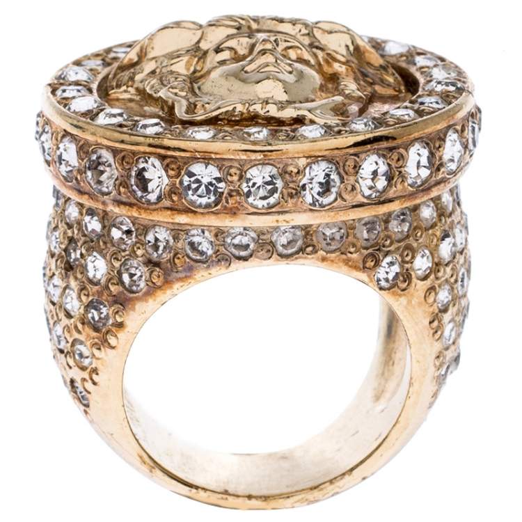 Pre Owned Versace Gold Tone and Crystal Studded Medusa Ring Size 54
