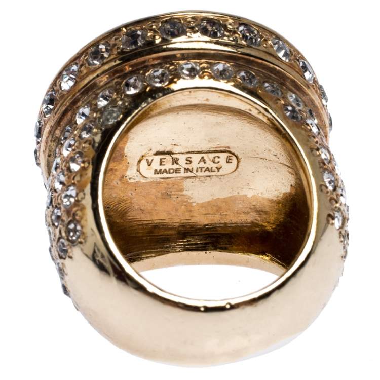 Pre Owned Versace Gold Tone and Crystal Studded Medusa Ring Size 54