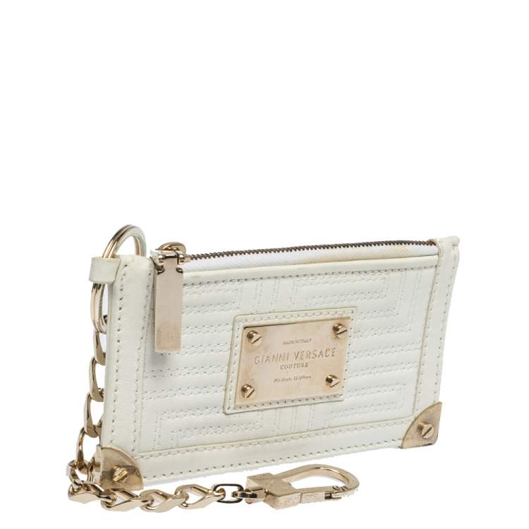 Pre Owned Versace White Quilted Leather Coin Purse and Key Charm