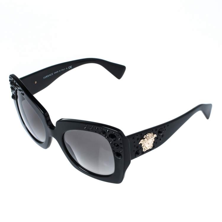 Pre Owned Versace Black Crystal Studded/Grey Gradient 4308-B Cat Eye Sunglasses