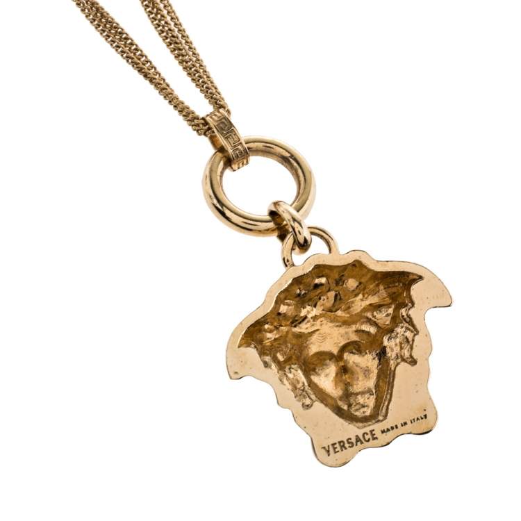 Pre Owned Versace Gold Tone Triple Chain Medusa Pendant Necklace