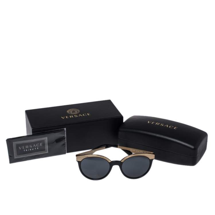 Pre Owned Versace Black & Gold/ Grey MOD 4330 Round Sunglasses