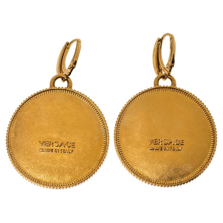 Pre Owned Versace Medusa Coin Gold Tone Drop Earring 