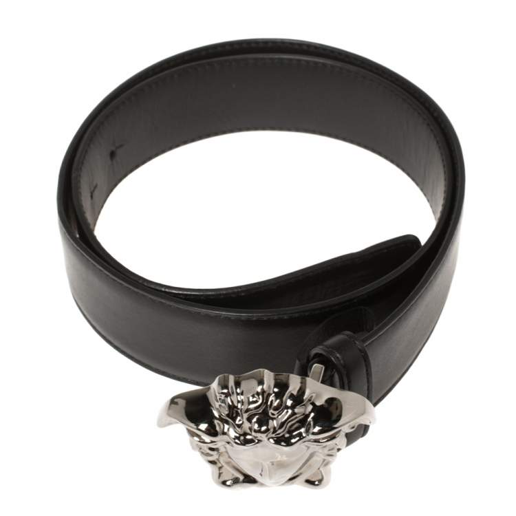 Pre Owned Versace Black Leather Medusa Buckle Belt 85CM