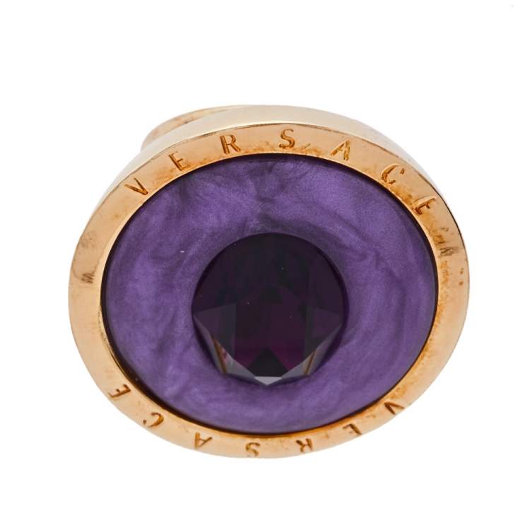 مملوكة مسبقًا Versace Enamel Crystal Gold Tone Cocktail Ring Size 59
