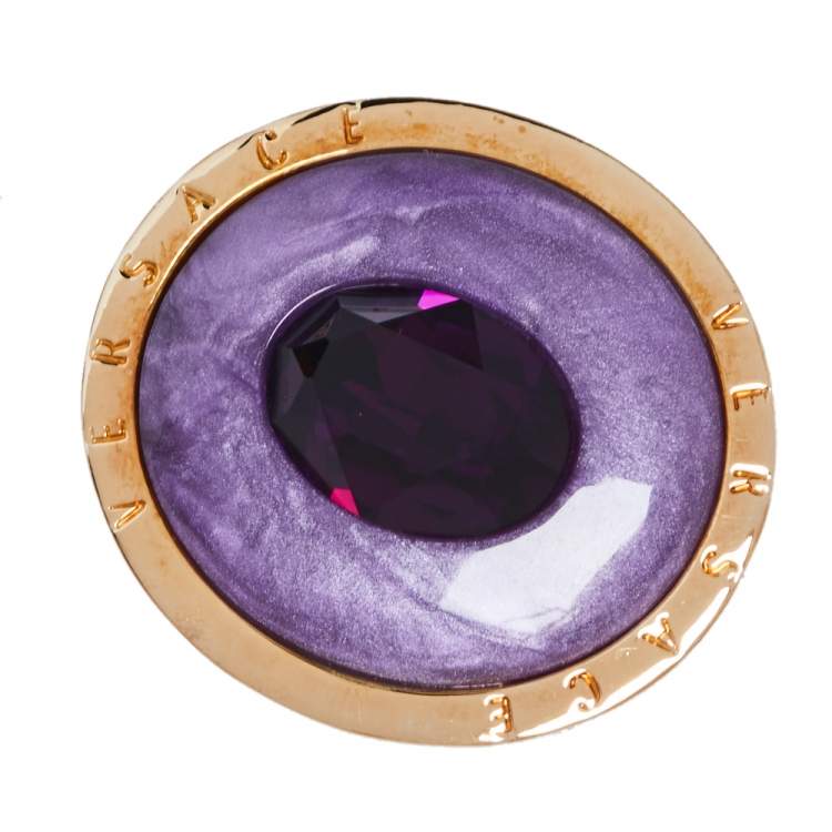 مملوكة مسبقًا Versace Enamel Crystal Gold Tone Cocktail Ring Size 59