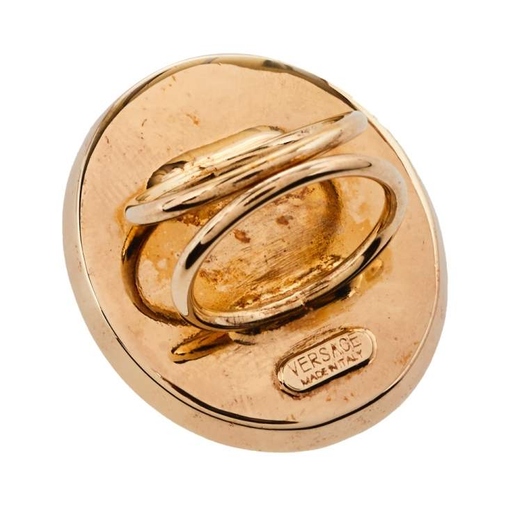 مملوكة مسبقًا Versace Enamel Crystal Gold Tone Cocktail Ring Size 59