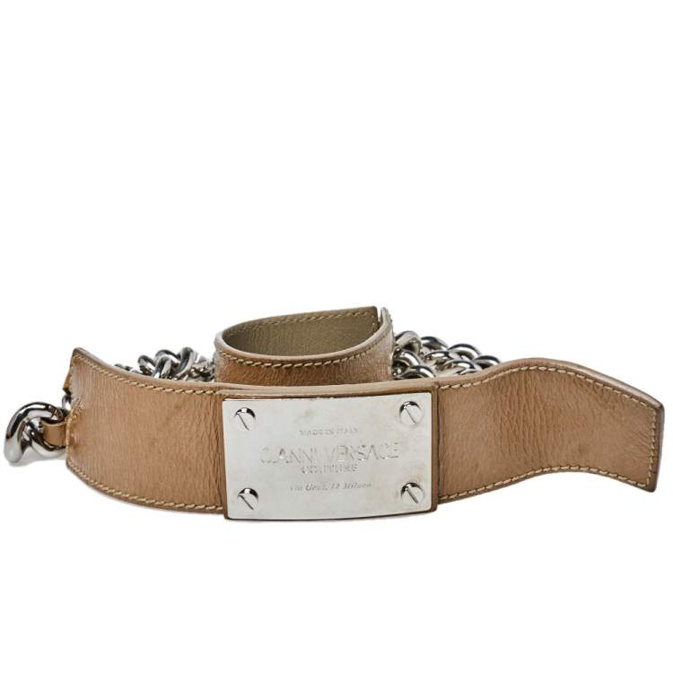 Pre Owned Versace Beige Patent Leather and Chain Logo Plaque Belt 85CM