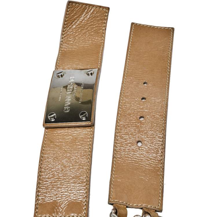 Pre Owned Versace Beige Patent Leather and Chain Logo Plaque Belt 85CM