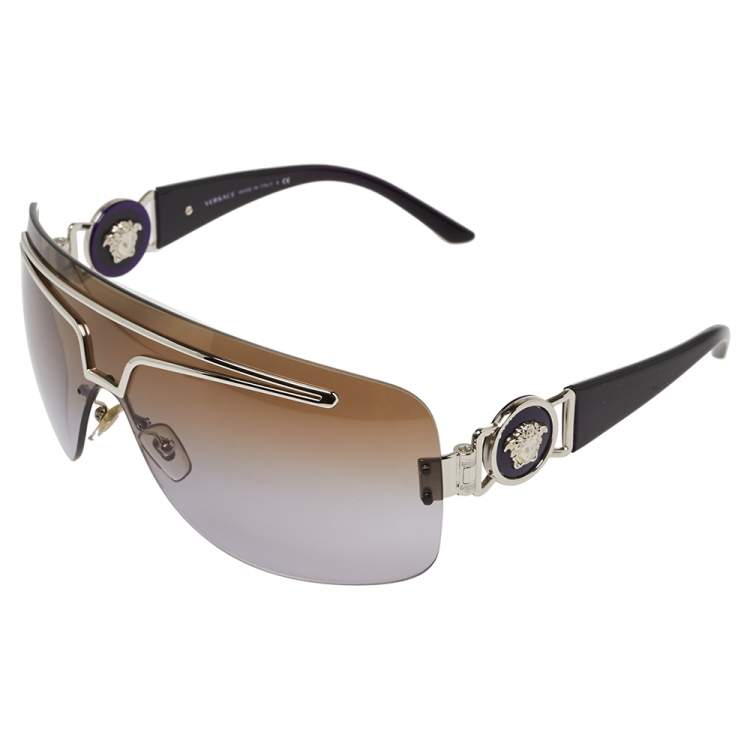 Pre Owned Versace Silver Tone/ Bicolor Gradient 2132 Shield Sunglasses