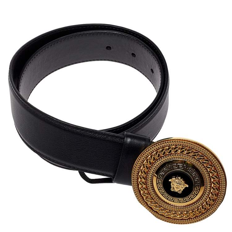 Pre Owned Versace Black Leather Medusa Belt 75CM