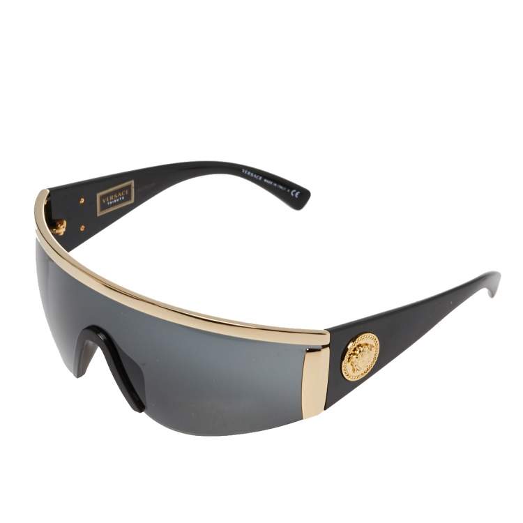 Pre Owned Versace Gold Tone/Grey 2197 Medusa Shield Sunglasses