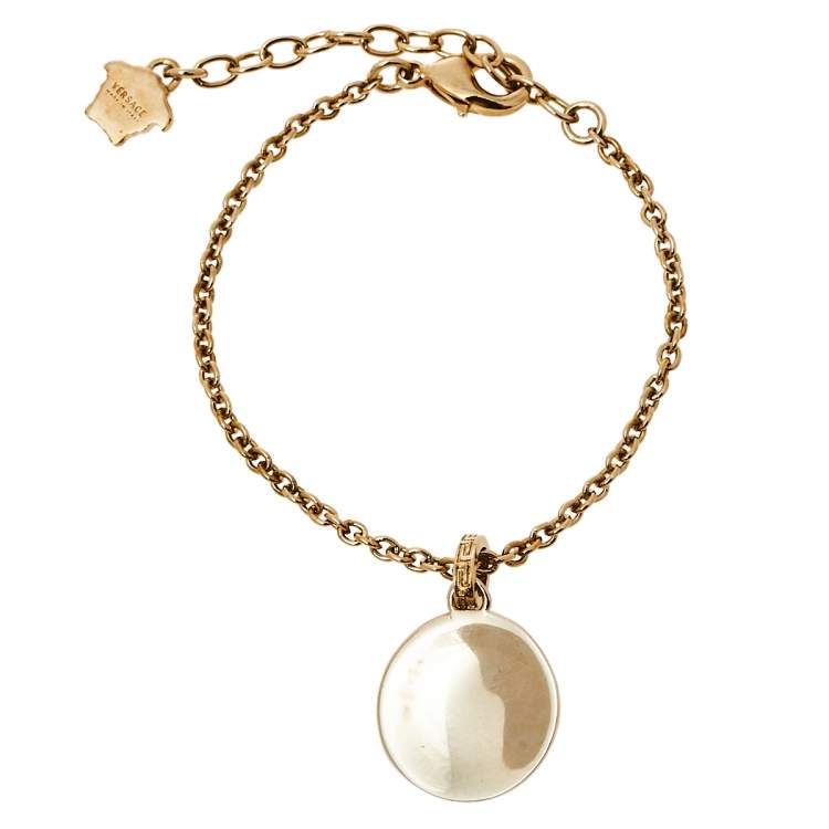 Pre Owned Versace Black Medusa Charm Gold Tone Chain Bracelet