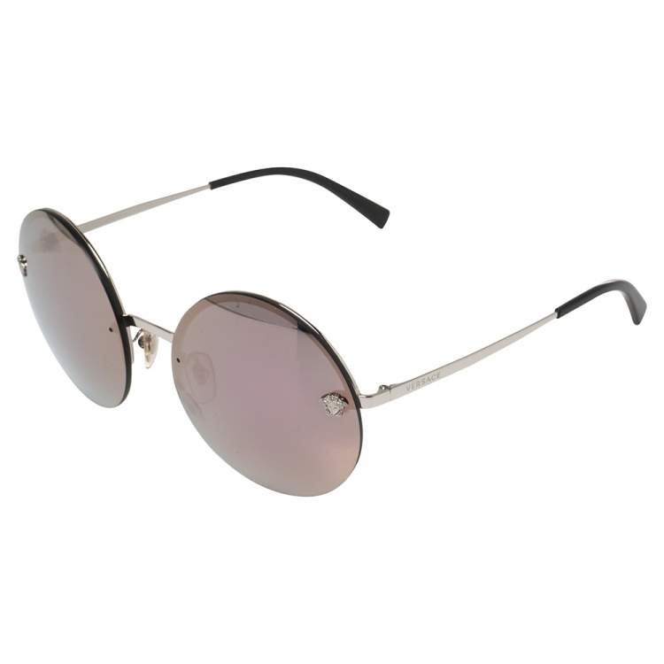 Pre Owned Versace Silver/Purple Meatal MOD 2176 Medusa Rimless Round Sunglasses